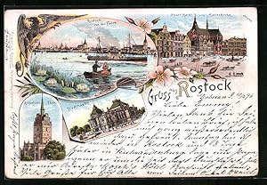 Lithographie Rostock, Stadttheater, Kröpeliner Tor, Neuer Markt und Marienkirche