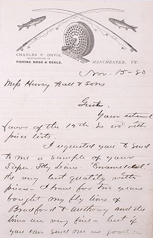 Autograph letter, signed ("C.F. Orvis"), 15 November 1880, to Henry Hall & Sons, concerning an or...