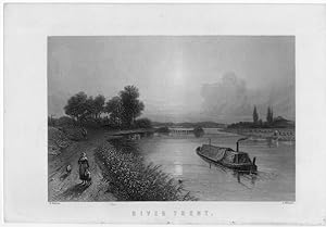 VIEW ON RIVER TRENT WITH BARGE,1870 Steel Engraving,Historical Antique Print