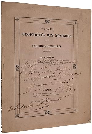 Image du vendeur pour De quelques proprietes des nombres et des fractions decimales periodiques mis en vente par SOPHIA RARE BOOKS