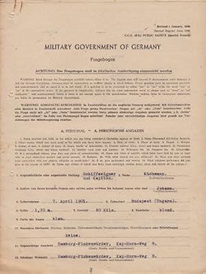 Military Government of Germany. Fragebogen. Mit Schreibmaschine ausgefüllter Vordruck der Militär...