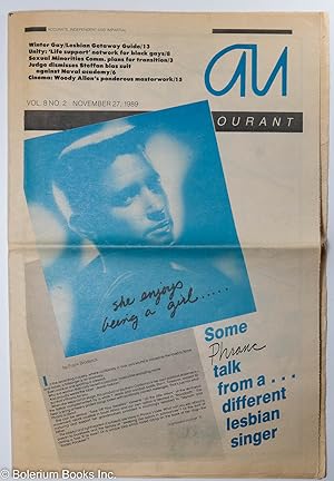 Bild des Verkufers fr Au Courant: Philadelphia's largest gay weekly vol. 8, #2, Nov. 27, 1989: She Enjoys Being a Girl. some Phranc Talk zum Verkauf von Bolerium Books Inc.