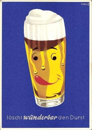 Bild des Verkufers fr Knstler Ansichtskarte / Postkarte Bier lscht wunderbar den Durst, Reklame, Bierglas mit Gesicht zum Verkauf von akpool GmbH