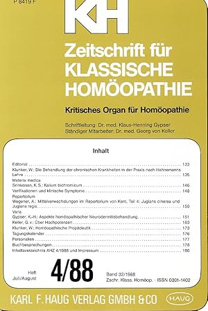 Seller image for KH - Zeitschrift fr Klassische Homopathie. Kritisches Organ fr Homopathie. Band 32/1988, Heft 4/88, Juli / Aug. for sale by Fundus-Online GbR Borkert Schwarz Zerfa