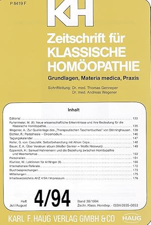 Seller image for KH - Zeitschrift fr klassische Homopathie. Grundlagen, Materia medica, Praxis. Band 38/1994, Heft 4/94, Juli / Aug. for sale by Fundus-Online GbR Borkert Schwarz Zerfa