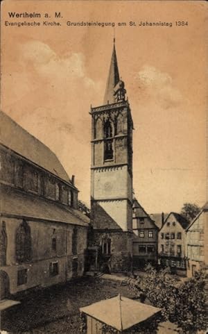 Bild des Verkufers fr Ansichtskarte / Postkarte Wertheim am Main, Evang Kirche, Grundsteinlegung St Johannistag 1384 zum Verkauf von akpool GmbH