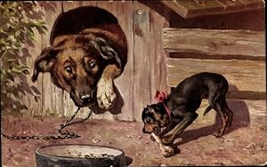 Bild des Verkufers fr Knstler Ansichtskarte / Postkarte Hund in Hundehtte, kleiner Hund mit Knochen zum Verkauf von akpool GmbH