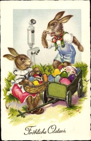 Ansichtskarte / Postkarte Glückwunsch Ostern, Osterhasen, Ostereier, Fuhrwerk, Glitzer