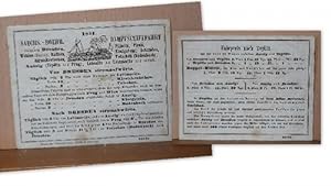 Bild des Verkufers fr Werbekarte von 1851 "Saechs.-Boehm. Dampfschifffahrt zwischen Dresden, Pillnitz, Pirna, Wehlen (Bastei), Rathen, Knigstein, Schandau, Hirniskretschen, Tetschen (Bodenbach), Aussig (Teplitz und Prag), Lobositz bis Leitmeritz und zurck // umseitig mit den zum Verkauf von ANTIQUARIAT H. EPPLER