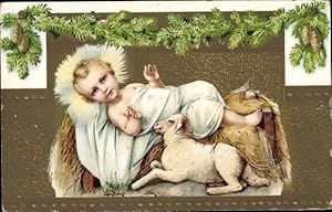 Präge Ansichtskarte / Postkarte Weihnachten, Jesus, Lamm, Tannenzweige, Zapfen