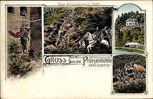 Künstler Ansichtskarte / Postkarte Hartenstein Erzgebirge, Prinzenhöhle, Dampflok, Prinzenraub 14...
