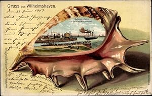 Präge Muschel Litho Wilhelmshaven, Hafeneinfahrt von der Strandhalle gesehen