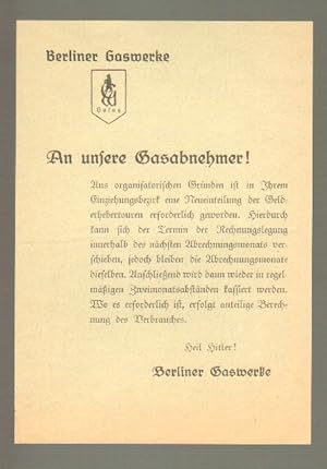 Mitteilungszettel der GASAG: "An unsere Gasabnehmer !"