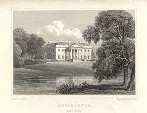 BROADLANDS,English country house on Hampshire,1830 Steel Engraving - Antique Print