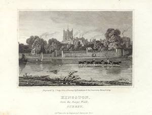 KINGSTON FROM THE BARGE WALK IN SURREY ENGLAND,1820 Steel Engraving - Vignette Antique Print