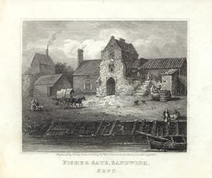 FISHER GATE IN SANDWICH KENT ENGLAND,1820 Steel Engraving - Antique Vignette Print