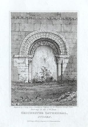 THE DOORWAY ON THE SOUTHWEST TOWER OF CHICHESTER CATHEDRAL IN SUSSEX ENGLAND,1820 Steel Engraving...