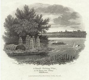 A SMALL FISHING WIER ON THE THAMES NEAR SUNBURY MIDDLESEX,1811 Steel Engraving - Antique Vignette...