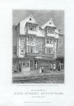 AN ANCIENT HOUSE ON HIGH STREET IN SOUTHWARK SURREY ENGLAND,1820 Steel Engraving - Antique Vintag...