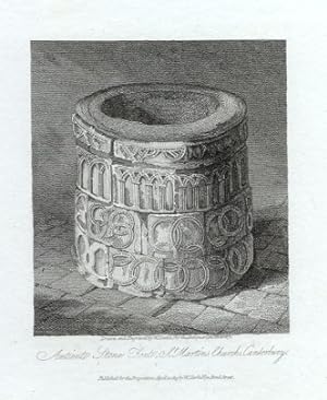 ANCIENT STONE FONT AT ST. MARTIN'S CHURCH IN CANTERBURY KENT LONDON,1815 Steel Engraving - Antiqu...