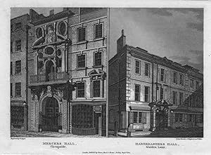 MERCERS HALL IN CHEAPSIDE & HABERDASHERS HALL IN MAIDEN LANE,LONDON,1811 Copper Engraving,Multipl...