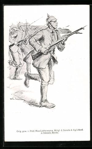 Bild des Verkufers fr Knstler-Ansichtskarte Max Liebermann: Soldaten mit Pickelhaube und Gewehren zum Verkauf von Bartko-Reher