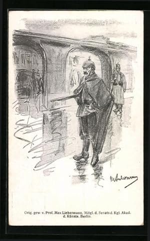 Bild des Verkufers fr Knstler-Ansichtskarte Max Liebermann: Soldat mit Pickelhaube und Gewehr auf der Strasse zum Verkauf von Bartko-Reher
