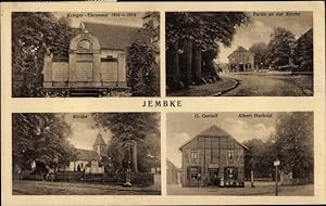 Seller image for Ansichtskarte / Postkarte Jembke in Niedersachsen, Kriegerdenkmal, Kirche, Geschäftshaus G. Gerloff, Albert Herbold for sale by akpool GmbH