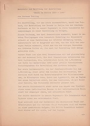 Ansprache zur Eröffnung der Ausstellung 'Bauen in Berlin 1900-1964'. (Original-Manuskript).