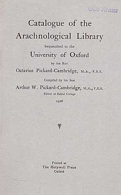 Seller image for Catalogue of the Arachnological Library bequeathed to the University of Oxford by the Rev. Octavius Pickard-Cambridge for sale by ConchBooks