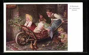 Bild des Verkufers fr Knstler-Ansichtskarte Hermann Kaulbach: Der Schnellzug kommt, Junge schiebt Kinder im Karren zum Verkauf von Bartko-Reher