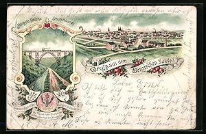 Lithographie Müngsten /Bergisches Land, Brücke über das Wuppertal, Teilansicht