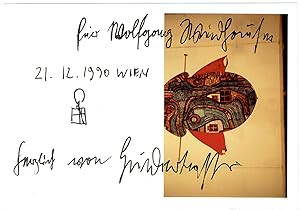 Albumblatt (Klappkarte, klein-8) mit halbseitig aufgeklebtem farb. Hundertwasser-Motiv, eigh. Wid...