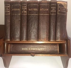 Miniature (8 volume) Reference Library in The Original Wooden Book Trough. The Atlas Volume with ...