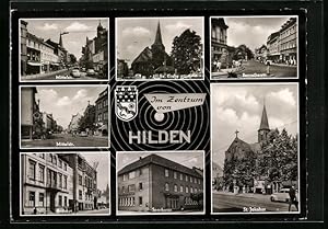 Ansichtskarte Hilden /Rheinland, Strassenpartien mit St. Jakobus, Ev. Kirche, Rathaus, Wappen