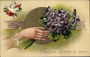 Präge Ansichtskarte / Postkarte Modeste offrande du coeur, Frauenhand, Veilchenblüten