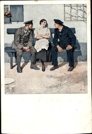 Künstler Ansichtskarte / Postkarte Wennerberg, Bruno, Frau mit Soldat und Seemann auf einer Bank,...