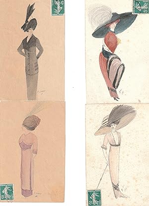 Quatre cartes postales peintes à la main. Four postcards, hand painted. Femmes et chapeaux. Women...