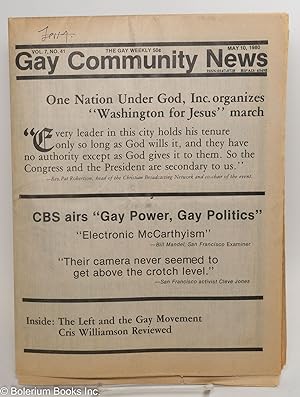 Imagen del vendedor de GCN: Gay Community News; the gay weekly; vol. 7, #41, May 10, 1980; Washington for Jesus March & CBS Airs Gay Power, Gay Politics a la venta por Bolerium Books Inc.