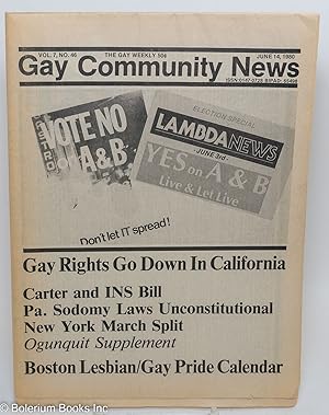 Imagen del vendedor de GCN: Gay Community News; the gay weekly; vol. 7, #46, June 14, 1980; Gay Rights Go Down in California a la venta por Bolerium Books Inc.