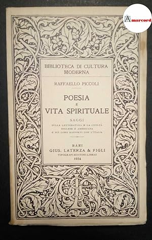 Seller image for Piccoli Raffaello, Poesia e vita spirituale, Laterza, 1934. for sale by Amarcord libri