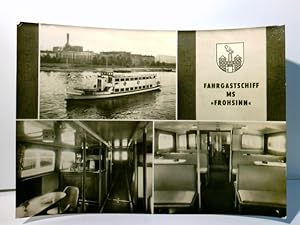 Bild des Verkufers fr Fahrgastschiff MS " Frohsinn ". Eigner R. Hoffmann. Magdeburg. Alte Ansichtskarte / Postkarte s/w. gel. 1968. 3 Ansichten : Ausflugsschiff in Fahrt, 2 x Fahrgastraum Innenansicht. Abt. Weie Flotte Magdeburg. zum Verkauf von ABC Versand e.K.