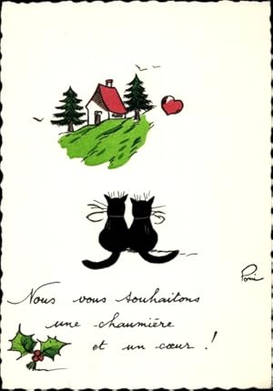 Künstler Ansichtskarte / Postkarte Nous vous souhaitons une chaumiere et un coeur, verliebte Katzen