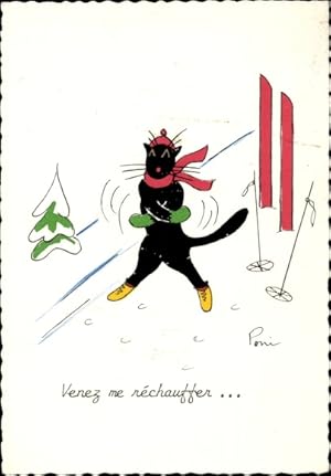 Künstler Ansichtskarte / Postkarte Venez me nechauffer, vermenschlichte Katze, Skier