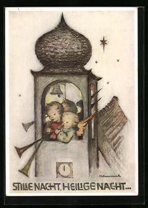 Bild des Verkufers fr Knstler-Ansichtskarte Hummel: Engel blasen vom Kirchturm Stille Nacht, Heilige Nacht . zum Verkauf von Bartko-Reher
