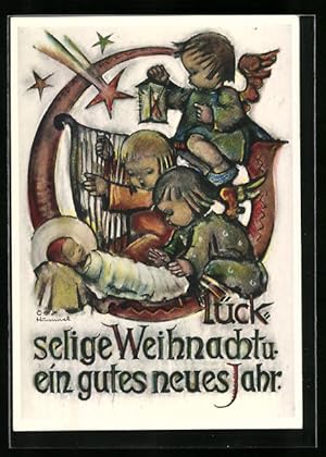 Imagen del vendedor de Knstler-Ansichtskarte Hummel: Glckselige Weihnacht - Engelchen mit Harfe beim Christuskind an der Krippe a la venta por Bartko-Reher