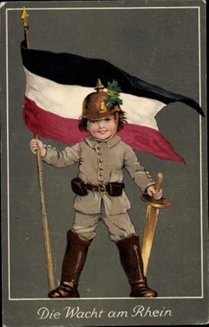 Ansichtskarte / Postkarte Die Wacht am Rhein, Junge in Uniform, Fahne