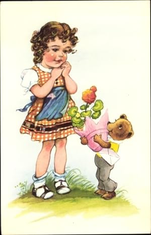 Ansichtskarte / Postkarte Mädchen mit Teddy, Wiese, Blumen