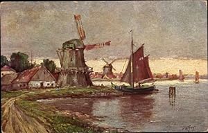 Künstler Ansichtskarte / Postkarte Hoy, W., Mühle am Hafen, Mill at the port, Segelboot, Windmühlen