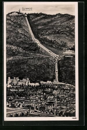 Bild des Verkufers fr Ansichtskarte Heidelberg, Panorama mit Schloss, Molkenkur und Bergbahn zum Knigsstuhl zum Verkauf von Bartko-Reher